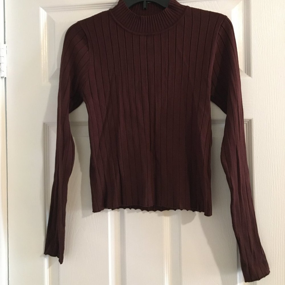 Brown Ribbed Long Sleeve Top L
